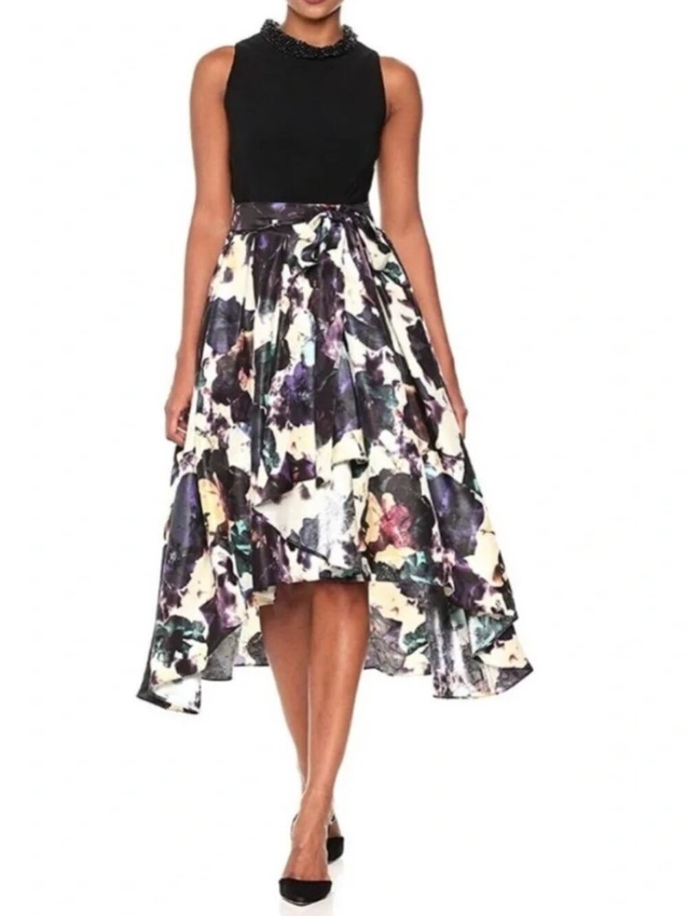 SLNY Sleeveless Dress Size 12 Beaded Neckline Asymmetrical Hem Abstract Floral